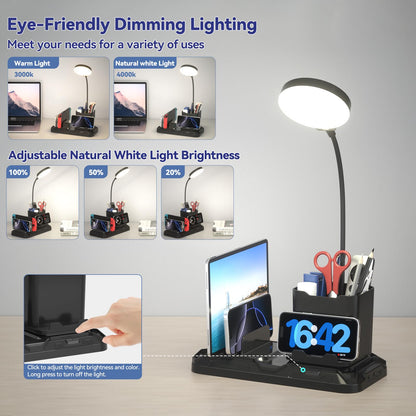 KDD Desk Lamp with USB A&C Charger Ports - Reading Desktop Light with Pen & Phone Holder - Adjustable Brightness Lights with Device Slots - 360°Gooseneck Table Lamp for Home Office College Dorm Room