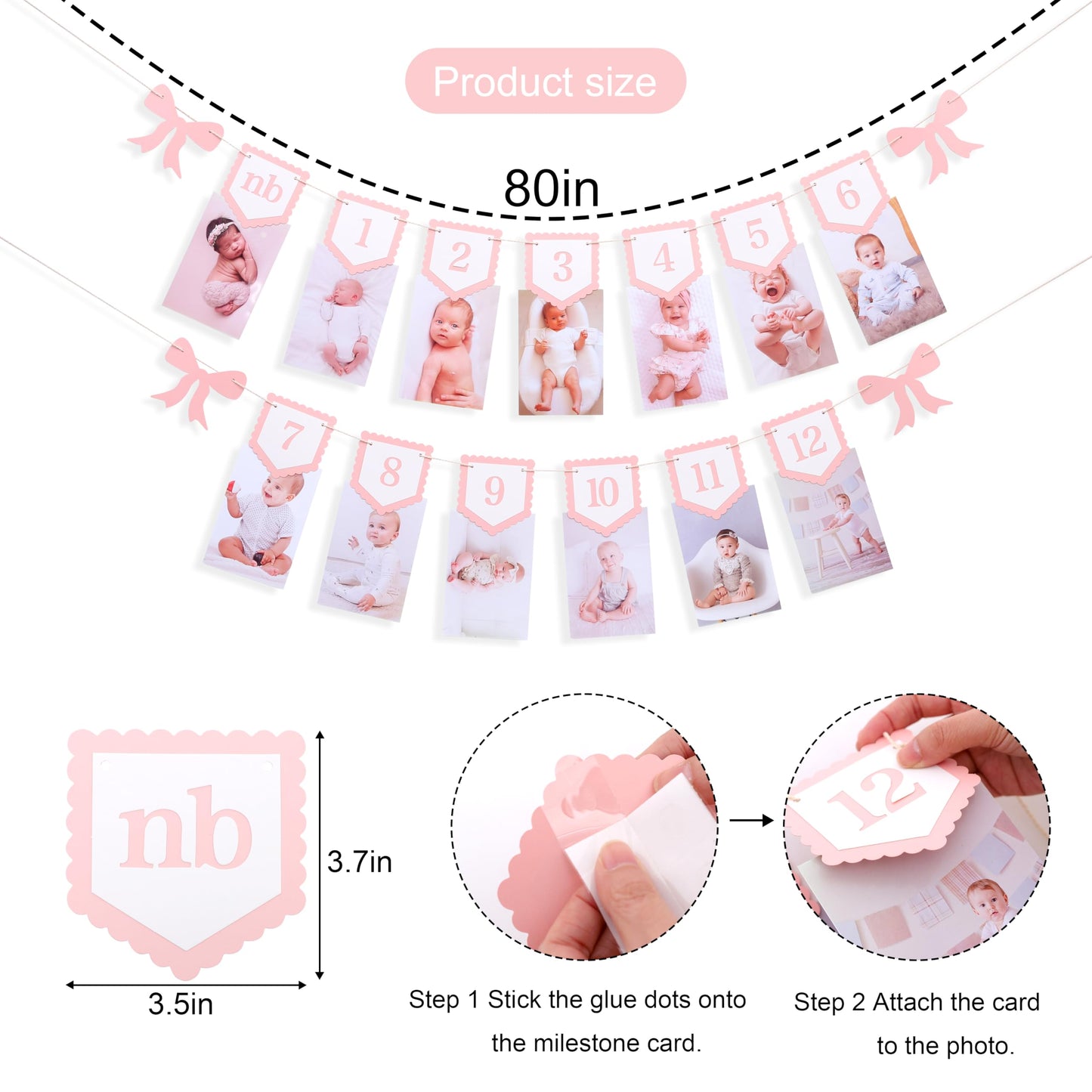 Pink Bow Monthly Milestones Photo Banner - Baby Girls Newborn to 12 Months Photo Display, 1st Birthday Photo Banner for Baby Girls, Bow 1st Birthday Decorations