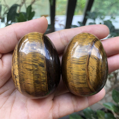 Fekuar Stone Egg Figurine, Polished Healing Crystal Easter Eggs Sphere Sculpture with Wood Stand, Natural Tiger's Eye Stone, 1.8"