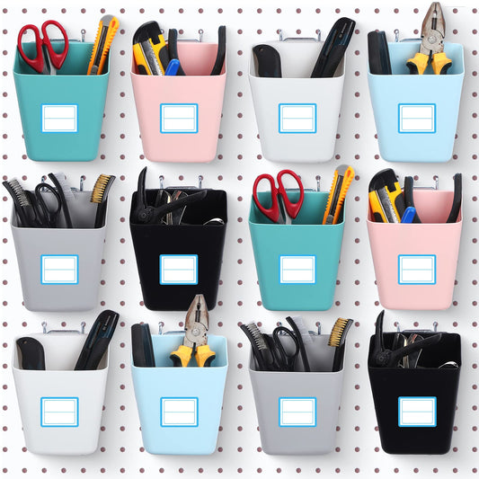 Namalu 12 Pack Peg Board Storage Bins with Labels and Hooks Square Box Shape Pegboard Cup Holder Accessories Pegboard Organizer for Craft Room Wall holder Workbench(4.7 x 4 x 5 Inch, Colorful)