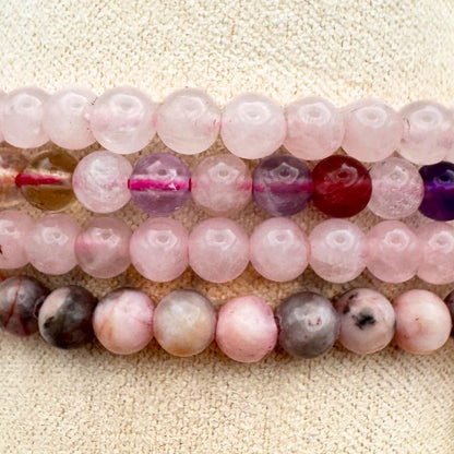 Love Crystal Bracelet Stack 4mm – Healing Stone Beaded Bracelets – Rose Quartz, Pink Zebra, and Mixed Light Stones, Spiritual Energy Jewelry for Unconditional Love, Joyful Comfort, Harmony – Elastic, Unisex, Gift-Ready