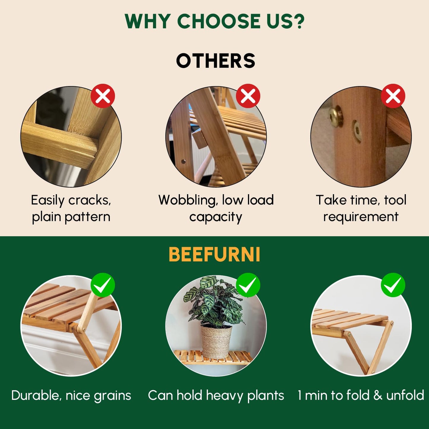 BEEFURNI Acacia Plant Stand Indoor, Wooden Outdoor Plant Stand, Foldable Plant Stand, 3 Tier Conner Space Flower Stand, Plant Ladder Stand (Natural)