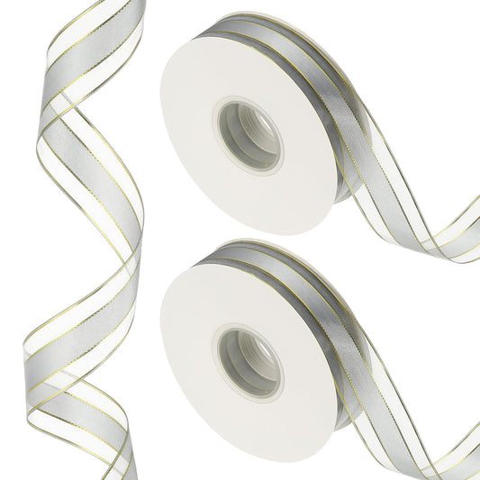 PATIKIL 100 Yards x 1" Organza Chiffon Gold Edge Ribbon, Gold and Gray Candy Satin Striped Sheer Craft Ribbons for Bows Making, Gift Wrapping, Wreath, Birthday Wedding Decoration