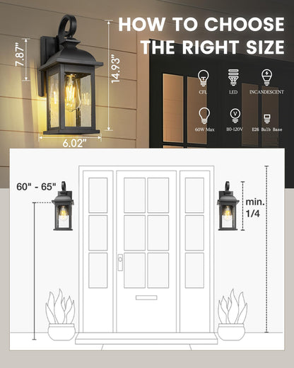 FEMILA Exterior Wall Sconce, 2 Packs Outdoor Waterproof Wall Lights Fixture, E26 Socket Wall Lantern for Porch, Anti-Rust Matte Black Finish with Seeded Glass Lampshade, 4FD54B-2PK BK