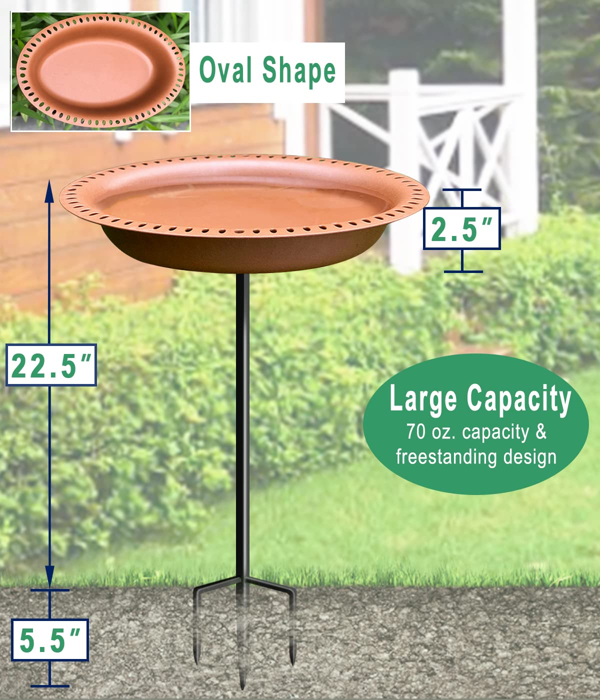 Eazielife Outdoor Bird Bath Lightweight Garden Birdbaths Freestanding Supports Antique Birdfeeder Bowl with Metal Stake Base, 28 Inches Tall, Oval Brown (1 Pack)