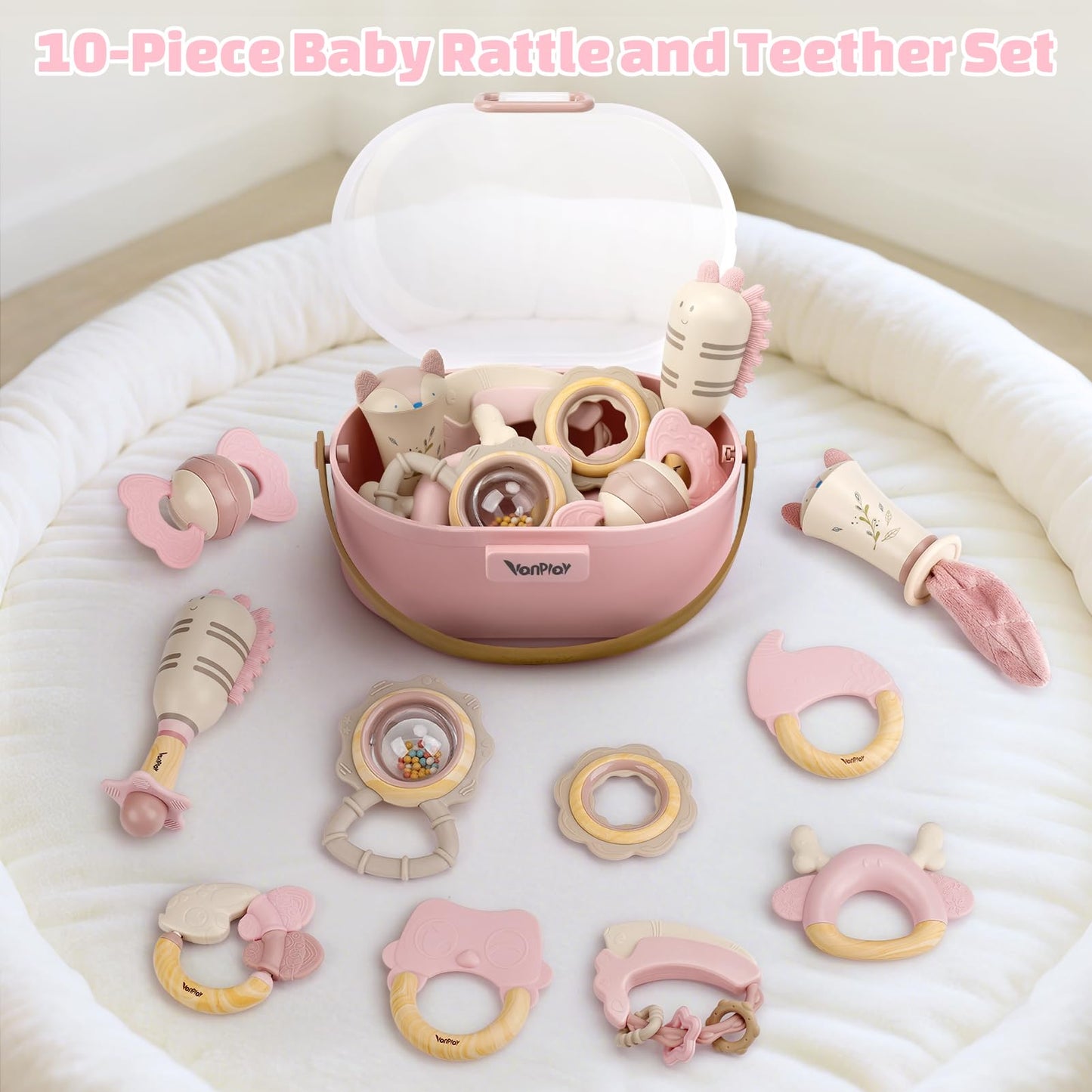 Baby Toys 0-6 Months, Baby Rattles, Teething Toys 3-6 Months, Infant Toys 6-12 Months, 10PCS Pink Sensory Rattles & Teethers with Storage Box, Newborn Shower Gift Girl