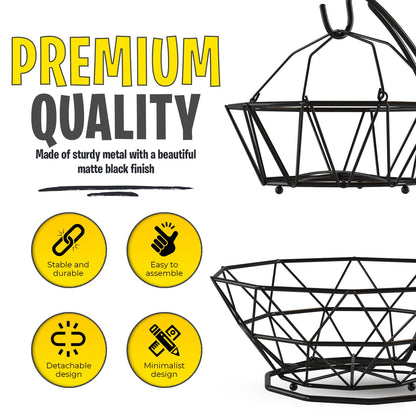 Fruit Basket with Banana Hanger and Fruit Bowl. Kitchen Counter Fruit Bowl with Banana Holder used as Bread, Vegetable or Produce Basket, Egg Holder, 2 Tier