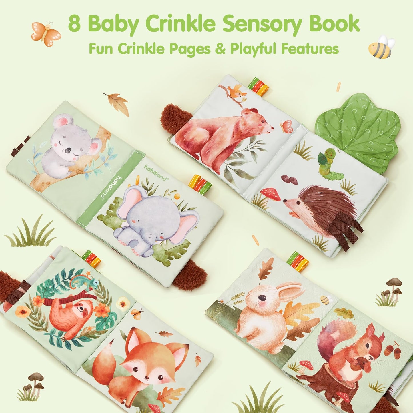 hahaland Baby Shower Gift for New Mom, Newborn Gift Set for Boys & Girls with Swaddle Blanket, Rattle Socks and Wristband Set, Plush Rattle, Soft Baby Crinkle Book, Wooden Milestone Card