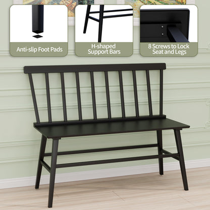 APRTAT Bamboo Entryway Bench, Farmhouse Dining Bench with Spindle Back 3 Person Indoor Bench Chair Wood Windsor Bench Durable Easy Assembly for Foyer Balcony Hallway Living Room (Black)