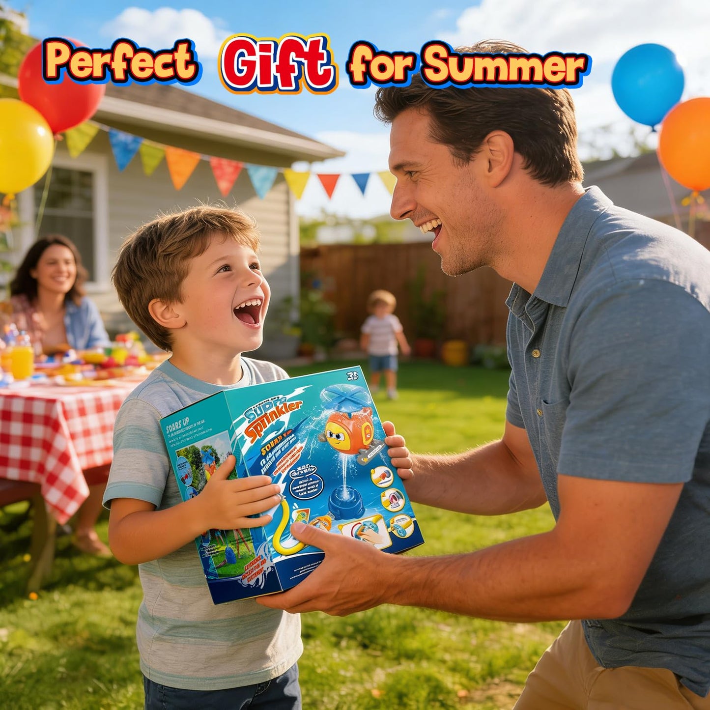 Flying Helicopter Water Sprinkler for Kids W/Tactile Click Feedback Valve, Summer Outdoor Toy for Toddlers, 360° Rotating Airplane Sprinkler W/DIY Stickers, Splashing Fun Toys for 3-8 Boys Girls Gifts
