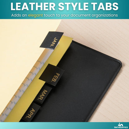 1InTheOffice Monthly Tab Dividers, Month Tabs for 3 Ring Binder, Monthly Leather Dividers, 12-Tab, Black, (4 Pack)