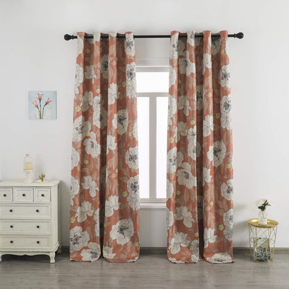 Taisier Home Stylish Faux Linen Curtains for Living Room/Bedroom | Privacy Added Light Reducing Flower Pattern Window Curtain Drapes (2 Panels) Grommet Top, 52x108 Inch, Orange