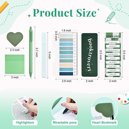 14 PCS Aesthetic Book Annotation Kit Large Checkered Pencil Case Book Lover Bookmark Dual Highlighters Gel Pens Study Supplies Stationary Set for Student Green