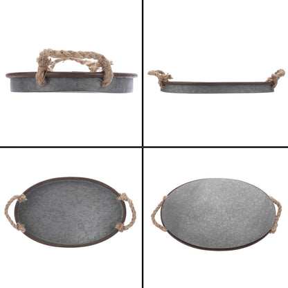 Hipiwe Galvanized Metal Iron Oval Tray with Rope Handle Farmhouse Serving Tray Rustic Industrial Decorative Centerpiece for Coffee Table Weddings and Parties Decor,Small