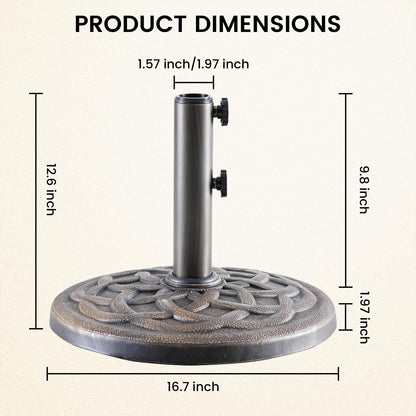 DUMOS 22LBS Heavy-Duty Outdoor Umbrella Base, Weather-Resistant Resin Patio Umbrella Stand, Rust-Proof Coated Umbrella Holder for Garden/Pool/Backyard, 2 Securing Knobs, 2 Pole Adapters, Bronze