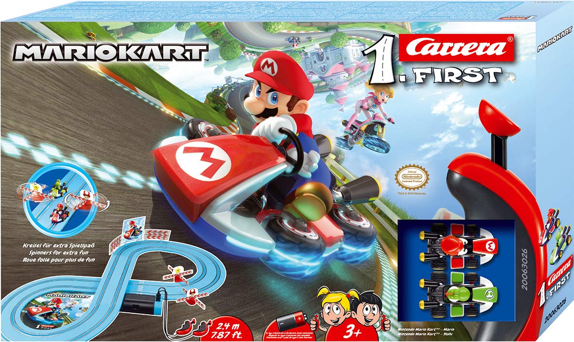Carrera First Mario Kart - Slot Car Race Track with Spinners - Includes 2 Cars: Mario and Yoshi - Battery-Powered Beginner Toy Racing Set for Kids Ages 3 Years and Up