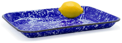 Red Co. 13.5” x 10” Enamelware Metal Classic 1.6-Quart Rectangular Serving Tray, Navy Blue Marble/Black Rim – Splatter Design