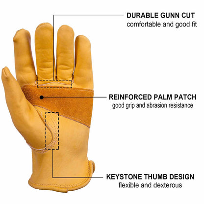 OZERO Leather Work Gloves for Men, 1 Pair Gardening Gloves, Grain Cowhide Garden Gloves with Reinforced Palm, Flexible Keystone Thumb, Elastic Wrist, Heavy Duty Yard Work Gloves,X-Large