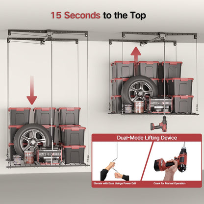 Overhead Garage Storage Rack for 10–12 FT Ceiling, Heavy-duty 4x4 FT Ceiling Storage Racks with Safety Lock, Ideal for Garage Storage Mounted Lift System and Storage Organizer, 250lbs Capacity