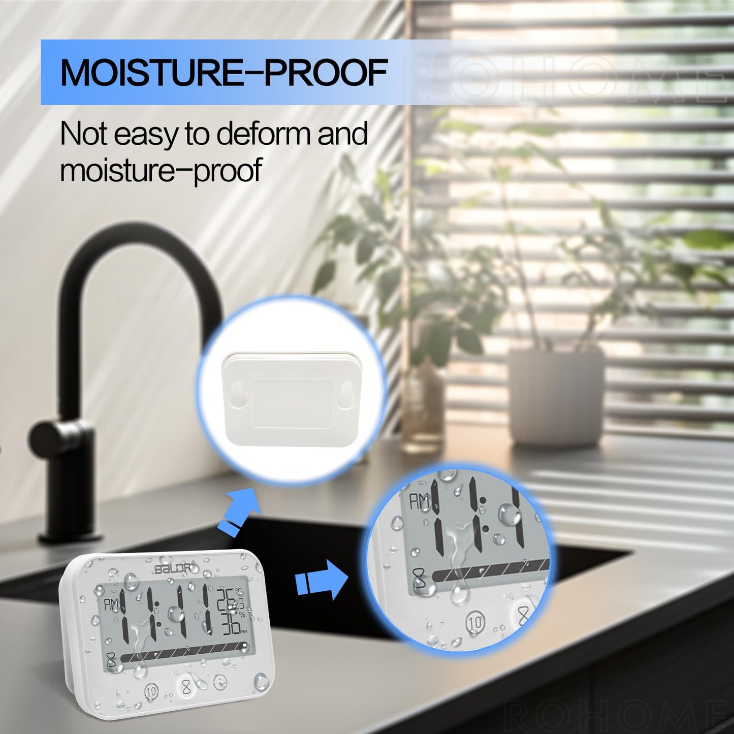 Rohome Waterproof Wall Hanging Timer Bathroom Clock, Large Digital Shower Mirror Suction Clock Thermometer Hygrometer, Visual Kitchen Cooking Countdown Timer, Bath Temperature Humidity Meter (White)