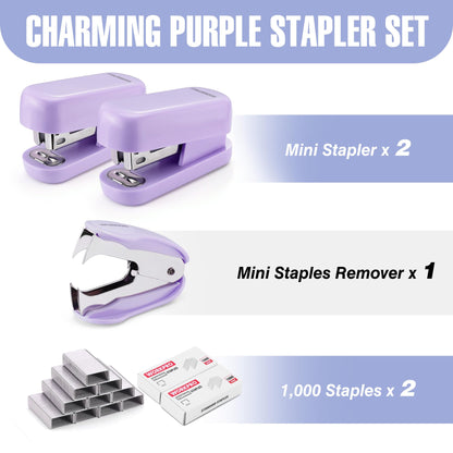 WORKPRO Small Stapler with Staples, Purple Stapler Set Includes Two Mini Staplers, One Staple Remover, 2000 Standard Staples - Cute Staplers for Desk with Non-Slip Base, Lock Design, Colorful