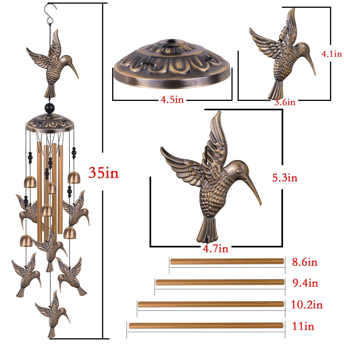 Solawindchime Outdoor Hummingbird Wind Chimes, Hummingbirds Bronze Wind Chimes, Gift Wind Chime, Hummingbird Wind Bell Gifts for Women, for Home, Garden, Indoor, Outdoor Decoration, Garden Wind Chime