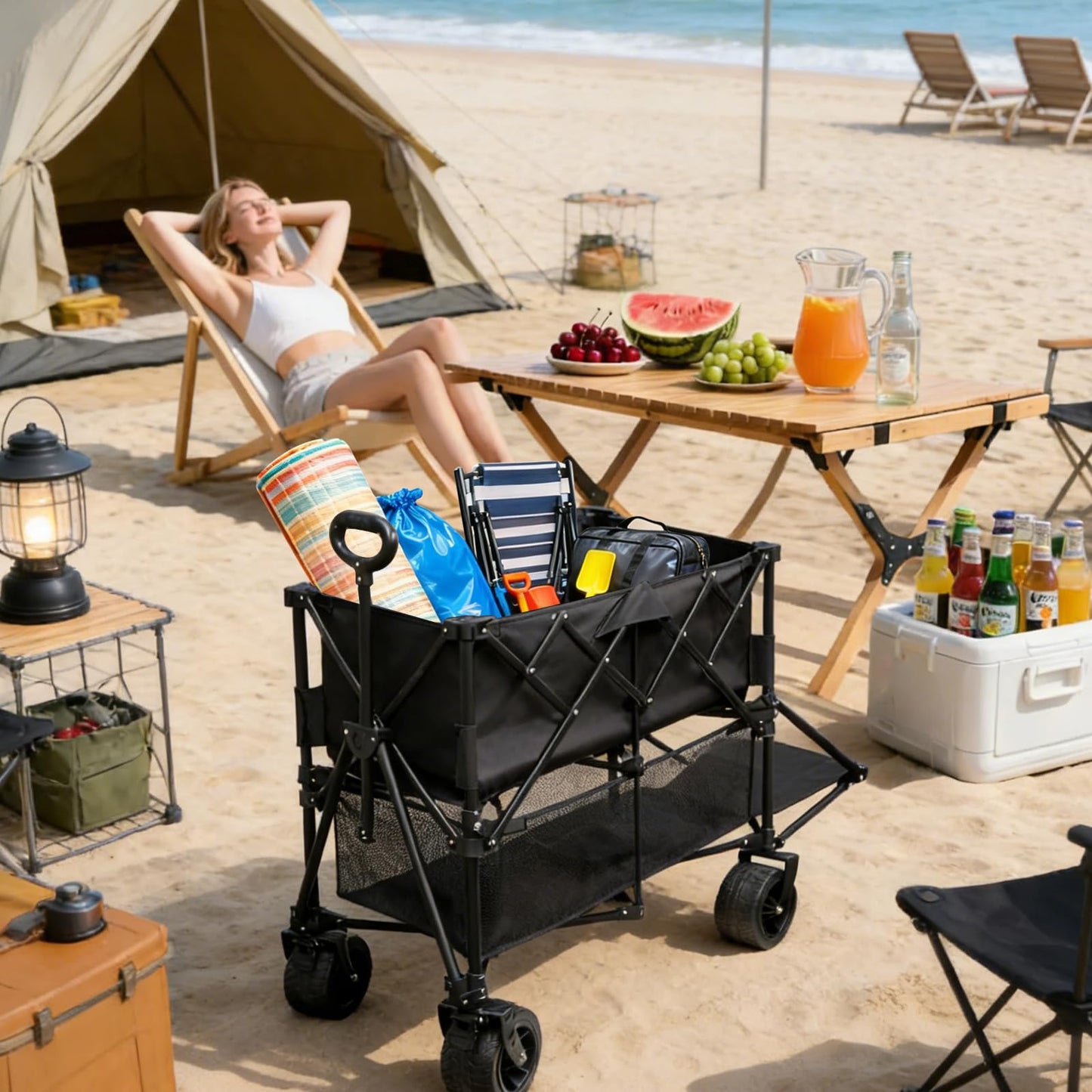 400L Large Capacity Double Decker Wagon Collapsible Wagon with Tailgate 55'' Extra Long, Foldable 450lbs Heavy Duty Beach Cart with All-Terrain Big Wheels,Utility Carts, Sports,Outdoor,Shoping Cart