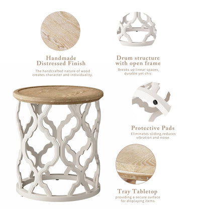 karlott Farmhouse End Table, 18.5'' French Country Round Side Table, Distressed Tray Top Side Table with Curved Motif Frame Base for Boho, End Tables Living Room, Bedroom, Small Space, Cream Beige