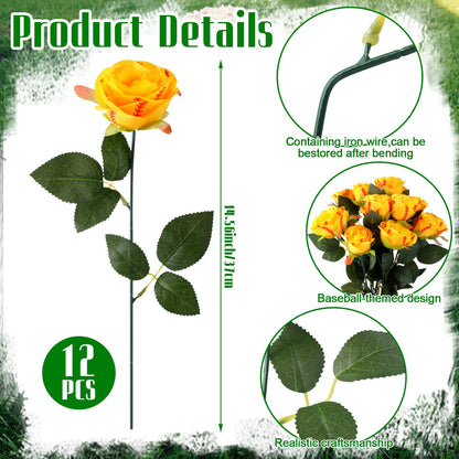 Suncalla 12 Pcs Softball Rose with Leaves Bulk Artificial Fake Roses Decor Sports Flower Gifts for Table Centerpieces Graduation Wedding Gifts Sports Theme Rose Bouquet Party Favors