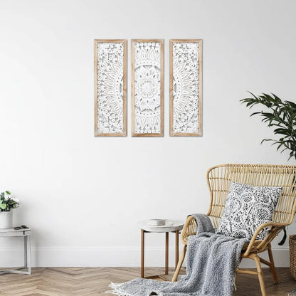 SwallowLiving 3D Layered Mandala Wood Wall Art Set of 3 – 23.6" Large Sacred Geometry Floral Sculptures, Intricately Carved Wood Panels for Meditation Room, Yoga Studio & Boho Decor, Distressed White