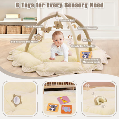 5-in-1 Plush Baby Play Gym, Activity Mat with Convertible Gym, Baby Gym 6 Sensory Toys, Play Center for Newborn to Toddler, Cream