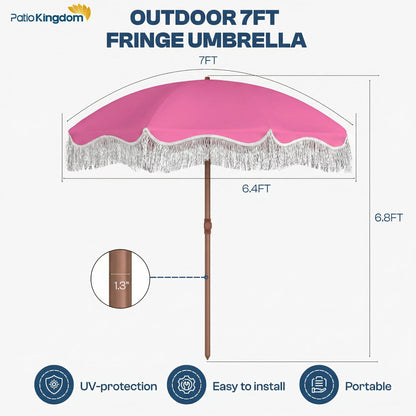 Patio Kingdom 7ft Patio Umbrella with Fringe, Boho Beach Umbrellas, Outdoor Tassels Umbrellas with Push Button Tilt & Carrying Bag, 8 Windproof Fiberglass Ribs, UPF50+, Light Pink