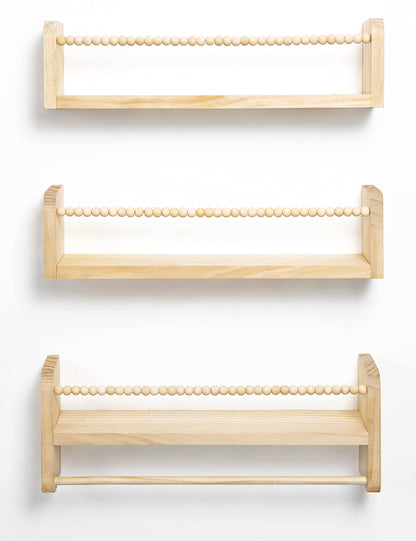 Maxpeuvon Nursery Floating Shelves for Wall, Set of 3 Book Shelves Natural Wood Wall Mounted Organizer with Towel Bar Hanging Bookshelves Nursery Decor for Kids Room, Bedroom and Kitchen