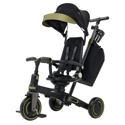 Aneco 9-in-1 Multi-functional Baby Tricycle for Toddlers 10 Months-3 Years with Removable Canopy Rotatable Seat Safety Harness Wheel Brake Adjustable Push Handle Storage Bag Cup Holder Black and Green