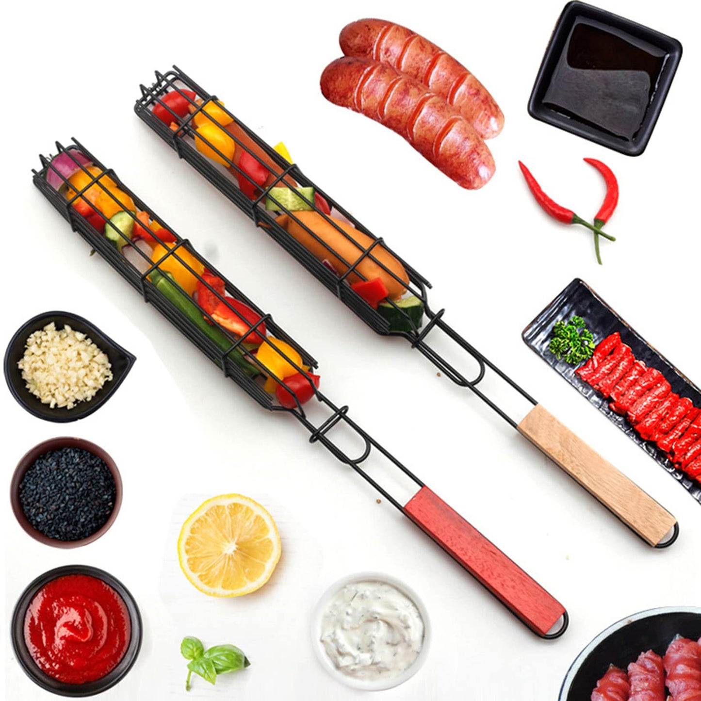 TQ-OUTDOOR Kabob Grilling Set - 6 Non-Stick Grill Baskets & 6 Stainless Steel Skewers - Long Handle, 15.5 Inch, Steel