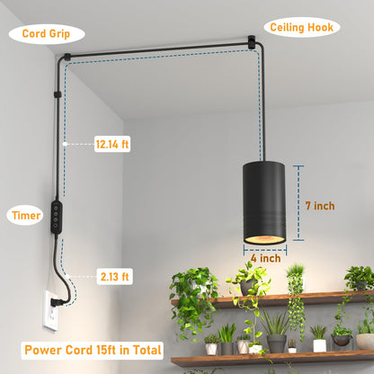 40W Plant Lights for Indoor Growing, Hanging Plant Lamp for Indoor Plants, Large Tall Plant, Garden, Flowers, Greenhouse, with Timer and 15ft Braided Cord, 3000K Full Spectrum, COB Bulb Aluminum Black