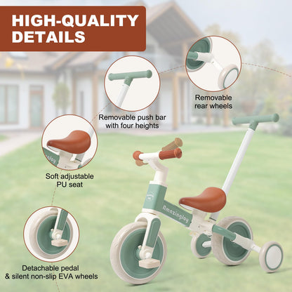 6-in-1 Toddlers Tricycle Baby Balance Bike, Kids Steering Push Handle Bicycle with Removable Pedals, Adjustable Seat,Training Wheels Toys 18 months+ Birthday Gifts for Boys Girls 2 3 4 Year Olds, Mint