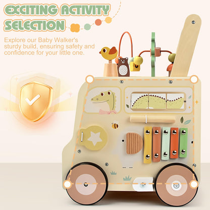 Pithfor Wooden Activity Cube Push Walker, Wooden Baby Walker, Montessori Toys for Babies 10-12 Months 1 2 3 Years Old Boys & Girls, Help Learning to Walk & Sit-to-Stand