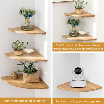 Conamily Corner Shelf, Solid Oak Wood Floating Corner Shelf Wall Mount Round End Floating Speaker with Wire Hole for Small Plant Photo for Bedroom Kitchen, Living Room