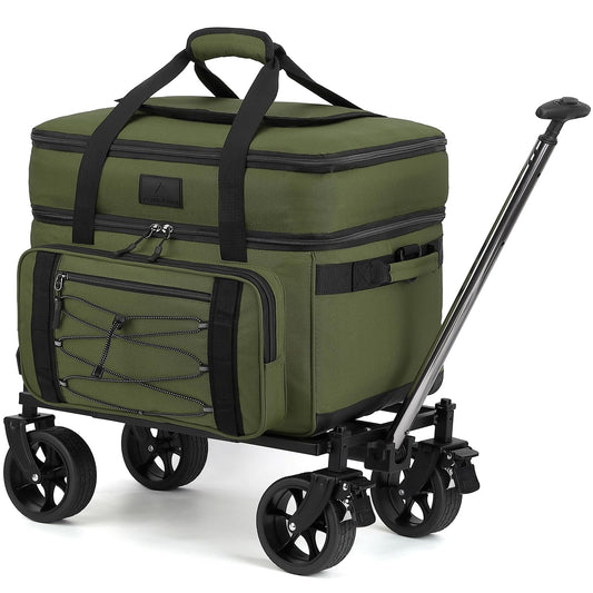 Extra Large Wheeled Portable Cooler Bag 85 Cans Double Deck Heavy Duty Rolling Insulated Cooler with All-Terrain Wheels Leakproof Tactical Soft Sided Cooler for Beach Camping Picnic Travel, Green