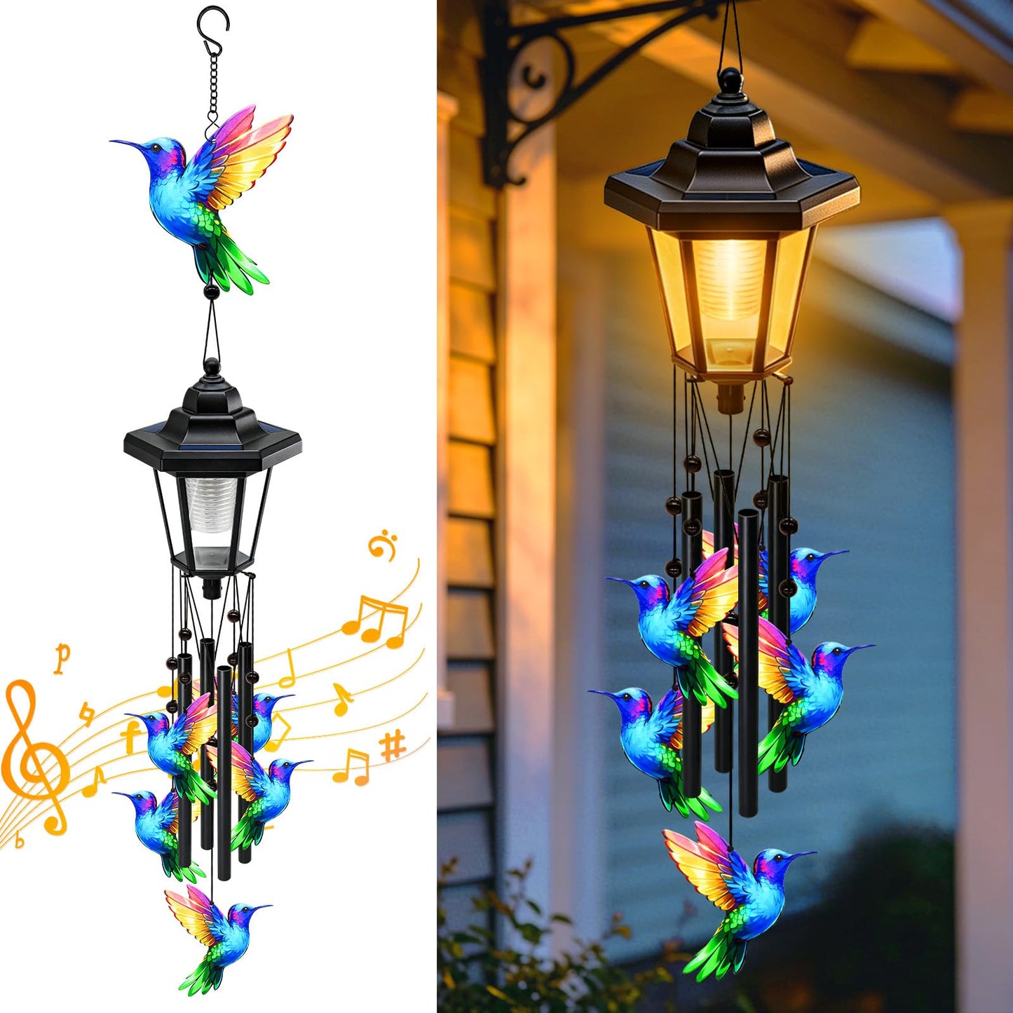 Large Solar Hummingbird Wind Chimes, Gifts for Women Mom Grandma Wife Sister Daughter Neighbor, Black Metal Wind Chimes with Wind Catcher, Solar Decor Lights for Outdoor Garden Patio Porch Window