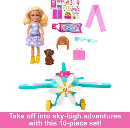 Barbie Chelsea Can Be Doll & Plane Playset, 2-Seater Aircraft with Spinning Daisy Propellor & 7 Accessories, Includes Pet Puppy & Stickers