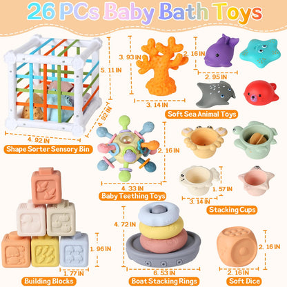 7-in-1 Montessori Baby Toys with Shape Sorter Sensory Bin, Stacking Cups, Soft Sea Animal Toys for 6-12-18 Months, Fun Bath Time Learning Developmental Toys Gifts for 1 2 3 Year Old Girls Boys