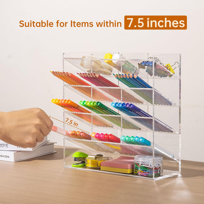 BEYGORM Acrylic Vertical Marker Organizer for 150 Markers with 13 Compartments, Clear Angled Pen & Pencil Holder, Large Desk Stationery & Art Supply Storage for Office & School (10.2 x 9.8 x 4 Inch)