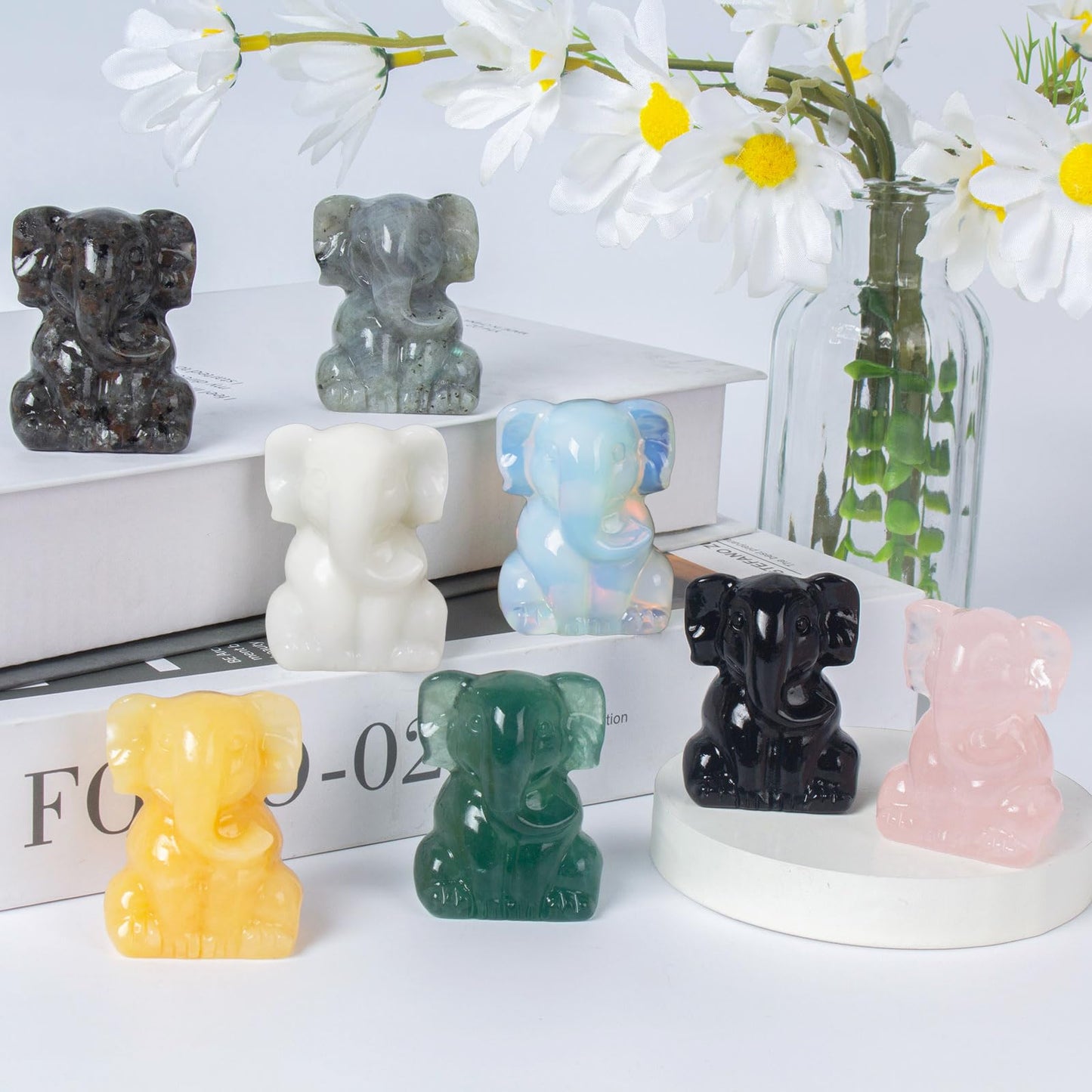 Ytbeoxk 2 Inch Crystal Elephant Decor Statues, Rose Quartz Cute Sitting Elephant Figurines, Reiki Healing Crystal Carved Animal Statues, Home Office Desk Hand Carved Decor Gifts for Women
