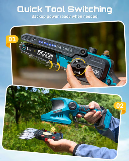 SEESII Electric Chainsaw Trimmer Pruner: 3-in-1 Cordless Chainsaw, Hedge Trimmer, Pruning Shears with 2× Rechargeable 4000mAh Batteries, Garden Tool Kit for Tree Trimming and Branch Cutting
