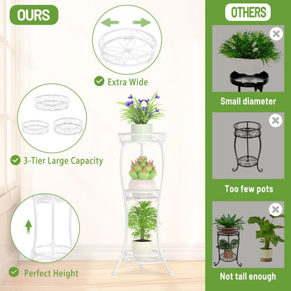 iDavosic.ly 3 Tier Tall Metal Plant Stand Indoor Outdoor, Wrought Iron Corner Flower Pot Holder Shelf, 34 Inch Vertical Display Rack for Patio Porch Living Room Garden, White