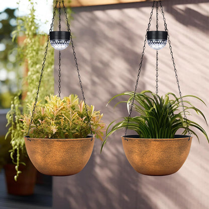 BAYN 2 Packs Solar Hanging Basket Planters for Plants Outdoor, Self Watering Bronze Flower Plants Pots with Solar Light Drainer for Balcony Patio Garden Outdoor Decoration