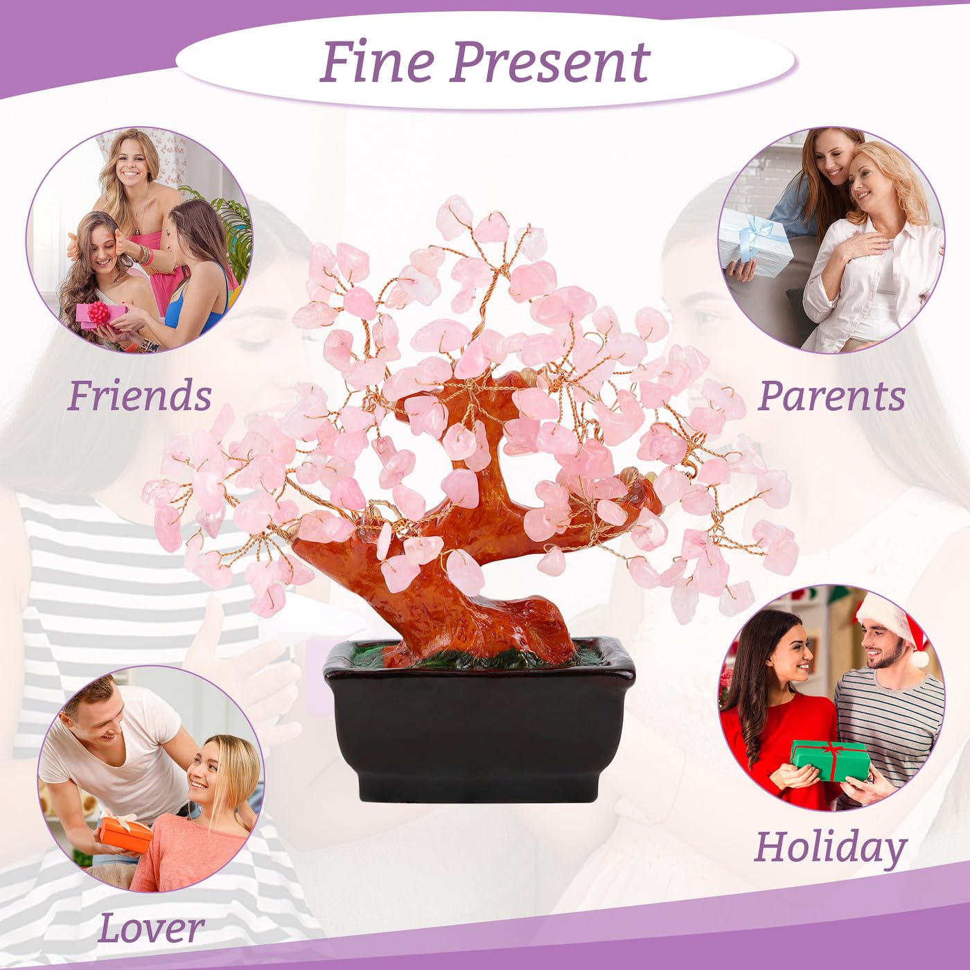 NUKAYAI Rose Quartz Crystal Tree Cute Pink Room Home Desk Office Decor Feng Shui Knick Knacks Accessories Japanese Cheery Blossom Kwawaii Decorations Crystals Valentine Gifts for Women Office Decor