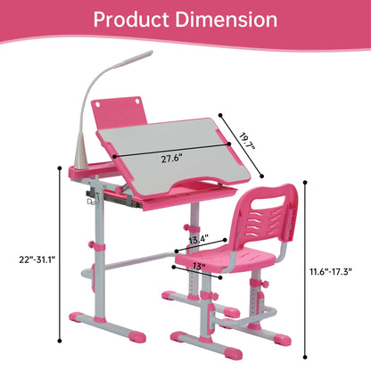 SMAGREHO Kids Desk and Chair Set, Height Adjustable Child's School Study Writing Tables with Tilt Desktop, LED Light, Storage Drawer, Book Stand (Pink)